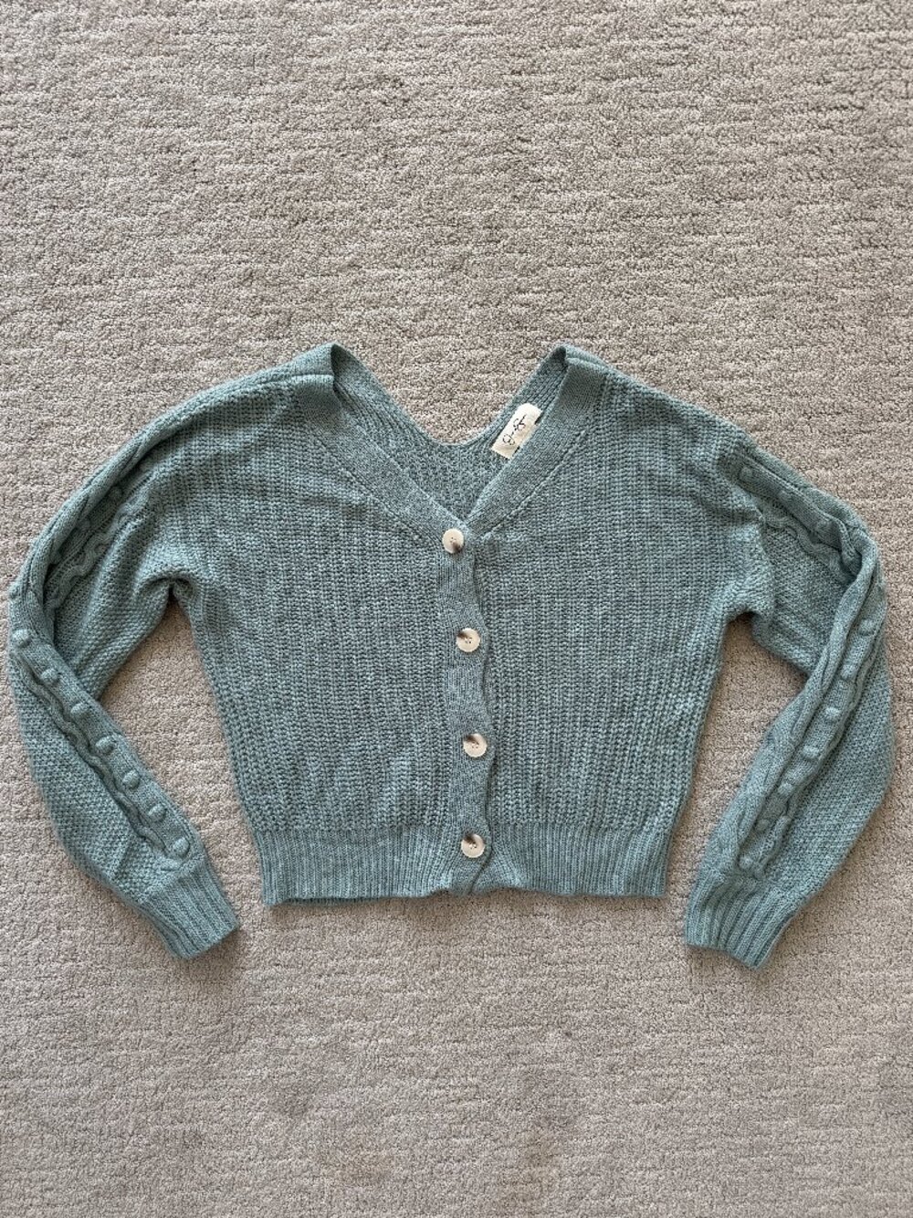Jessica Simpson Blue Cropped Cable Knit Button Cardigan
